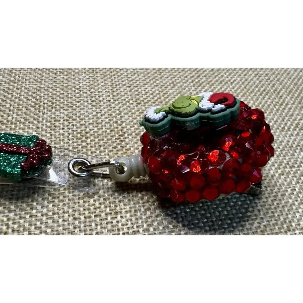 Grinch On Red Rinestone Retractable Badge Reel ID Holder Handmade